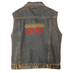Orbit X Women's Size 12/14 Denim Vest Button-up Dragon Embroidery 100% Cotton